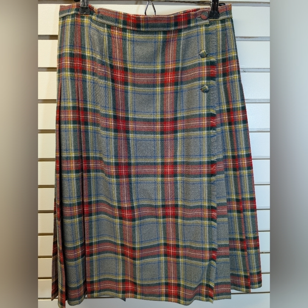 Bonda Wool Kilt Skirt Dress Stewart Tartan Plaid Women’s Size 16 Red Gray - Picture 1 of 6